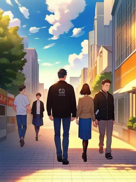 score_9,score_8,score_7,score_8_up,score_7_up,score_6_up, a man and woman walking down the street in front of a city building with buildings behind them at sunset, 1girl, short hair, skirt, brown hair, shirt, black hair, standing, jacket, pantyhose, outdoors, multiple boys, sky, pants, cloud, 2boys, black footwear, tree, black jacket, 3boys, building, walking, city, sign, blue pants