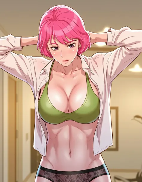 a woman takeoff cloth, 1girl, solo, breasts, seductive eyes, short hair, large breasts, shirt, pink hair, navel, medium breasts, underwear, collarbone, green tank top, black lace panties, indoors, armpits, stomach, clothes lift, arms up, black lace bra, shirt lift, undressing, <lora:webtoon_flux-v0.80_000075500:0.8>