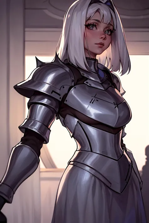 masterpiece, Simple and Clean, Photograph, shot from behind of a lovely ([Jonesy:Sia:3] :1.2) doing a fashion show, wearing armor, The armor has a crest on chest, Beautifully Lit, Polaroid, 80mm, <lora:SashaKhmel-10:0.85>, editorial photo, shot on CineStill 800T, foggy mood, close up shot, 32k, cinematic composition, professional color grading, film grain, atmosphere, wondrous