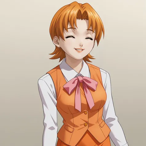 <lora:MayumiFujiyamaXLpony001>,
parted lips,
solo,
MayumiFujiyama,1girl,orange hair,short hair,yellow eyes,
medium breasts,
white shirt,long_sleeves,pink ribbon tie,orange vest,
orange pencil_skirt,
parted lips,smile,closed eyes,