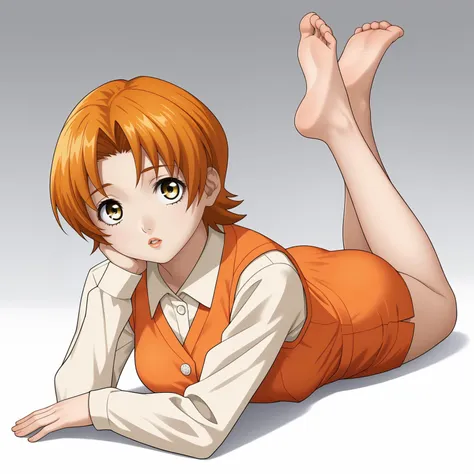 <lora:MayumiFujiyamaXLpony001>,
parted lips,
solo,
MayumiFujiyama,1girl,orange hair,short hair,yellow eyes,
medium breasts,
white shirt,long_sleeves,orange vest,
orange pencil_skirt,
full body,on stomach,the_pose,