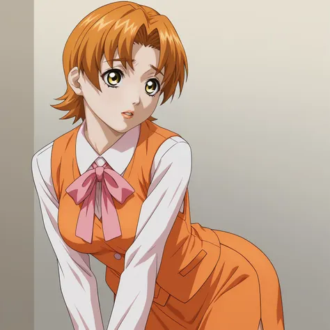 <lora:MayumiFujiyamaXLpony001>,
parted lips,
solo,
MayumiFujiyama,1girl,orange hair,short hair,yellow eyes,
medium breasts,
white shirt,long_sleeves,pink ribbon tie,orange vest,
orange pencil_skirt,
standing,leaning_forward,