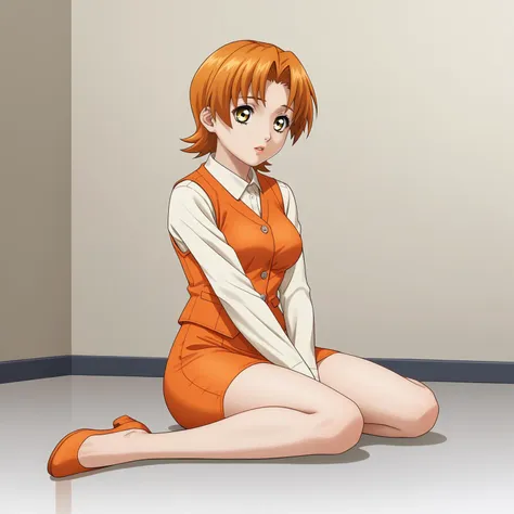 <lora:MayumiFujiyamaXLpony001>,
parted lips,
solo,
MayumiFujiyama,1girl,orange hair,short hair,yellow eyes,
medium breasts,
white shirt,long_sleeves,orange vest,
orange pencil_skirt,
full body,sitting,