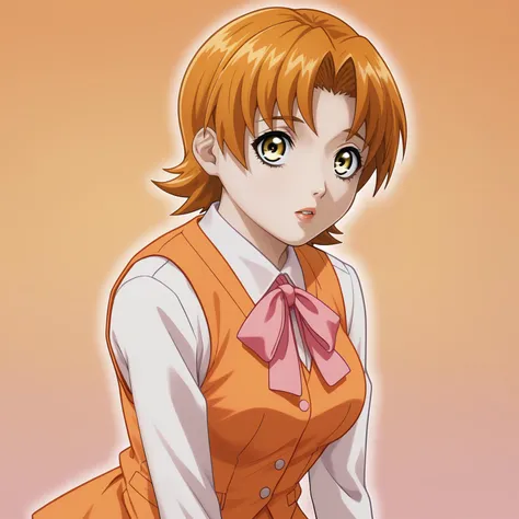 <lora:MayumiFujiyamaXLpony001>,
parted lips,
solo,
MayumiFujiyama,1girl,orange hair,short hair,yellow eyes,
medium breasts,
white shirt,long_sleeves,pink ribbon tie,orange vest,
orange pencil_skirt,
parted lips,