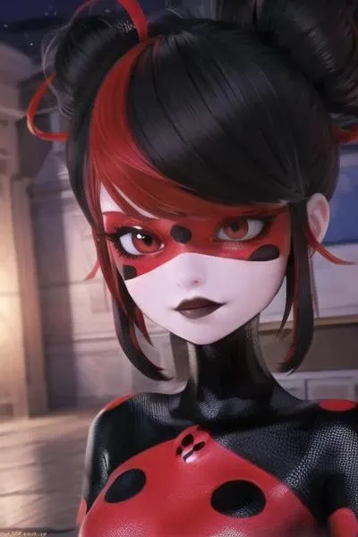 (best quality, masterpiece:1.2), perfect eyes, perfect face, (red/black tone), beautiful, 1girl, solo, black and red suit, gray lipstick, a suit with black and red dots, ((outside, night)), shadybug, black hair, red eyes, <lora:Shadybug:0.8>