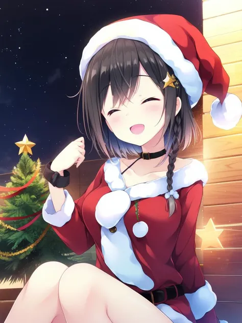 <lora:Sonoya_Chika:0.8>, SonoyaChika, 1girl, soro,  star_hair_ornament,   hair_ornament, black_hair,  bangs, closed eyes,  open mouth,  side braid, long_hair, single_braid,  large_breasts, sky, outdoor, morning,
Christmas, SantaClaus, hat, starry sky, sitting, happy, smile,
masterpiece, high quality, very_high_resolution, large_filesize, full color,