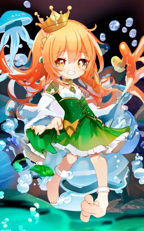 <lora:PStyleNoLine:0.6:lbw=ALL>, kawaii petit child childish innocent ankle-biter 1girl 8yo, star-shaped pupils small_star symbol in the pupils and iris, ((skindantation)) ((flat chest)) +++, from side, face to tiptoe , +++
orange eyes,
- orange hair,
medium hair ,
crown braid,french braid,
wavy hair ,
asymmetrical bangs,
hair flaps ,
clenched teeth,
embarrassed ,
head_tilt standing
+++, ((Floating Jellyfish in aquarium background emerald green bubbles countless small fish coral swirl))