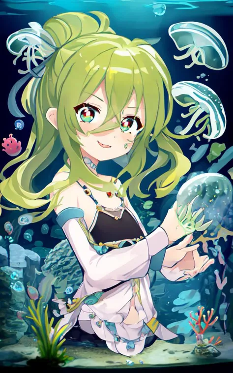anime girl with light green hair and a white dress holding a wand, octopus goddess, Scylla, anime monster girl, masterpiece, best quality, lie down