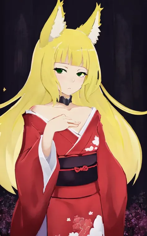 <lora:PStyleNoLine:0.6:lbw=ALL>, haruhime <lora:haruhime:0.8:lbw=NP> 1girl, blond hair fox_ears huge fox tail long hair blunt_bangs shiny hair, green_eyes sleepy eyes, eyeliner blush medium breasts skindantation choker :3 +++ collarbone,red kimono, japanese_clothes, half off_shoulder , +++ extremely quality, high detailed, anime coloring illustration game cg contrapposto <lora:_flat2:0.3:lbw=ALL> ++ Faint lips,UC:realistic cute anime face cinematic angle at the front single focus dynamic pose