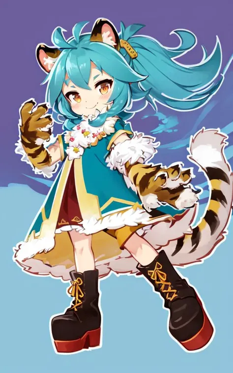 <lora:PStyleNoLine:0.6> style parody (thick outline:1.5) 1girl, on back, crossed legs, face to tiptoe , +++
amber eyes,
pale aqua hair,
long hair ,
afro twin tail,
drill hair ,
bangs,
hair flaps ,
smile fang,
blush ,
head_tilt standing
+++, tiger ears, tiger tail, tiger legs fluffy:2 furry beastman, Forbidden City wind outdoors, transparency turquoise camisole, strap slip hazel checked skirt, drawers loose socks platform boots