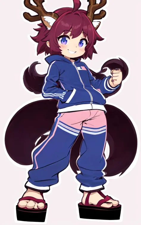 <lora:PStyleNoLine:0.6> style parody (thick outline:1.5) 1girl, from below, holding hair, head_tilt, fullbody , +++
iridescence eyes,
vivid burgundy hair,
medium hair ,
shaggy hair,
wavy hair ,
blunt bangs,
sideburns ,
smile fang,
nose blush ,
head_tilt standing
+++, reindeer horns, reindeer ears, reindeer tail, reindeer legs fluffy:2 furry beastman, grand canyon wind outdoors, pink track suit thighhighs platform sandals
