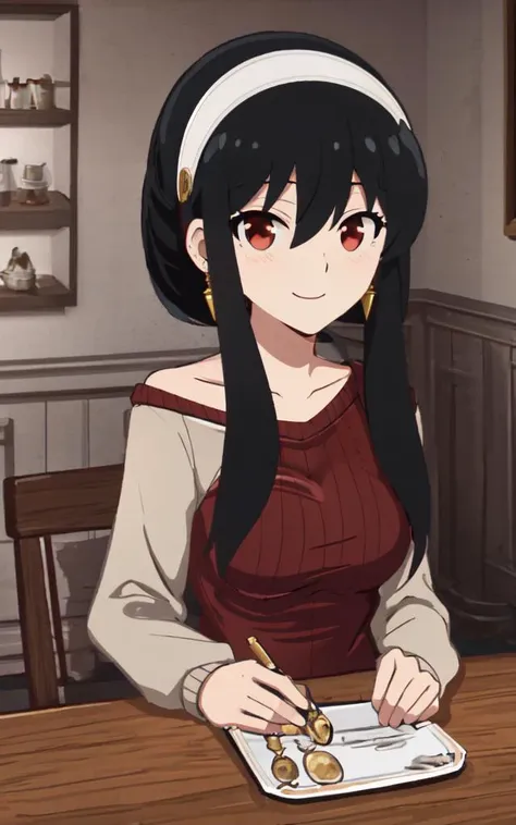 <lora:PStyleNoLine:0.6:lbw=ALL>, yor briar, <lora:yor:0.7:lbw=NIN> 1girl, black hair sideburns:1.8, (slanted eyes:1.6) red eyes, medium breasts, shiny hair bangs, gold earrings, long locks hair between eyes skindantation smile :> blush +++ long hair +++ long length red sweater_dress, off shoulder, long sleeves collarbone cleavage, dining room , black pantyhose, white hairband
