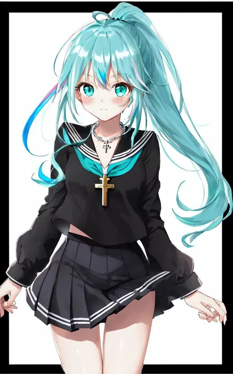 <lora:PStyleNoLine:0.0>, 1girl blush cute kuudere 16years old petite shiny hair [[gradient partially [silver:limegreen:0.1]:blueblack:0.2] turquoise folded ponytail ] multicolored hair eyeliner skindantation ;< +++ (serafuku blouse checked pleated_skirt) thigh_gap Martin_boots silver_cross_rosary_necklace ring