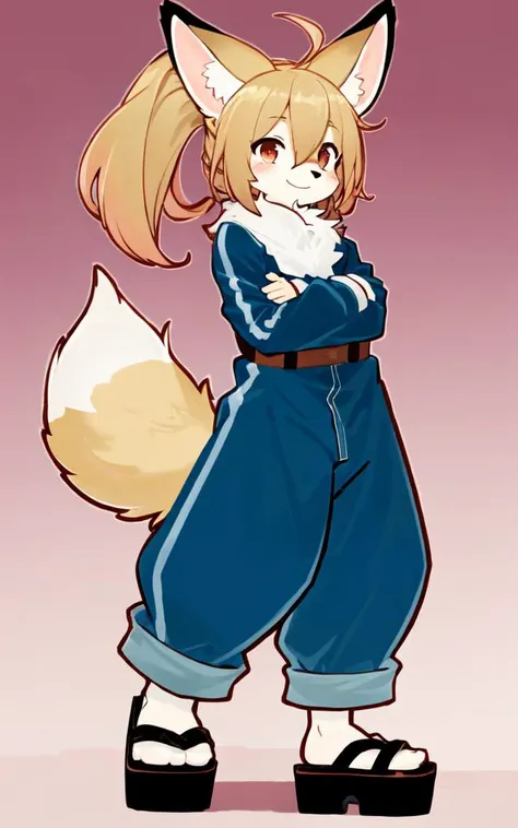 <lora:PStyleNoLine:0.6> style parody (thick outline:1.5) 1girl, from side, pointing, full body , +++
silver eyes,
bright vermilion hair,
long hair ,
folded ponytail,
streaked hair ,
hair over eyes, covered eyes, blunt bangs,
hair flaps ,
kind smile,
,
head_tilt standing
+++, fennec ears, fennec tail, fennec legs fluffy:2 furry beastman, pyramid wind outdoors, orange jumpsuit ankle socks platform sandals