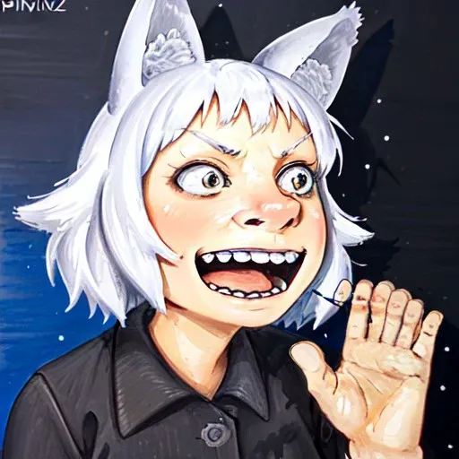 1 girl, amazing background, best composition, best color composition, trending on pixiv, intricately detailed facial features, <lora:lozhkin:0.7>, lozhkin, open mouth, big smile, accurate teeth with gaps, <lora:char-tenma:0.7>, tenma maemi, solo, fox ears on girl, white hair,