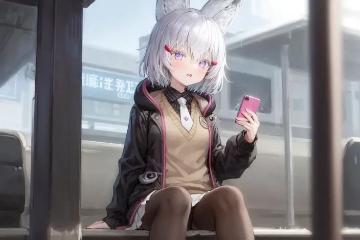 1girl, solo, silver hair, short hair, hair clips, hair ornaments, purple eyes, fox girl, fox ears, fox tail, black jacket, hoodie, sweater vest, collared shirt, white necktie, white skirt, pantyhose, sitting, train station, holding phone <lora:char-tenma:0.8>