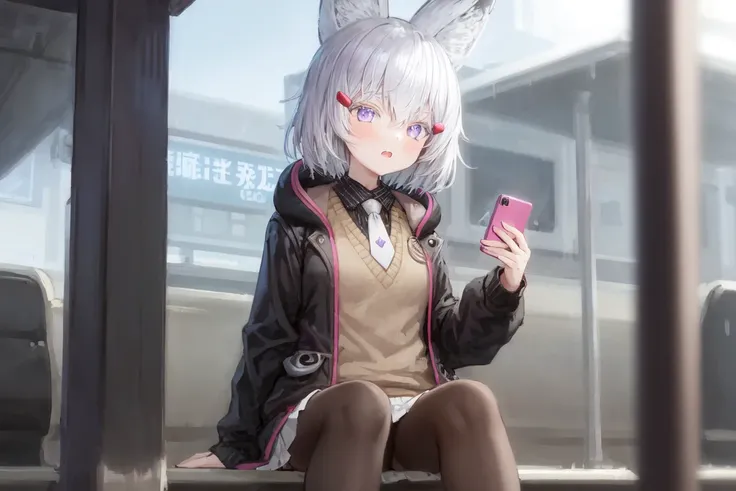 1girl, solo, silver hair, short hair, hair clips, hair ornaments, purple eyes, fox girl, fox ears, fox tail, black jacket, hoodie, sweater vest, collared shirt, white necktie, white skirt, pantyhose, sitting, train station, holding phone <lora:char-tenma:0.8>