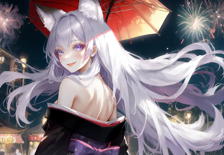 best quality, masterpiece, red kimono dress, (bare back:1.15), looking back, from behind, stocking, silver-grey hair, messy hair, purple eyes, fox ears, fox tail

(vibrant colors), solo, (confident, happy, dalcefo:1.1), Pilyeon, (stare, realistic, sakimistyle, lips, eyelashes:0.95),

streets, shopping, (night market), japan, night, nebula, colorful fireworks,  [[[lantern, umbrella]]], [smile, smug, standing, full body, upper body,], 

<lora:rengeBishoujo_1:0.2> <lora:MagicLORA:0.3> <lora:pilyeon_v1:0.5> <lora:sydusArtLoraNSFW_v10:0.35>  <lora:maemiTenma_tenmaV10:0.7>
