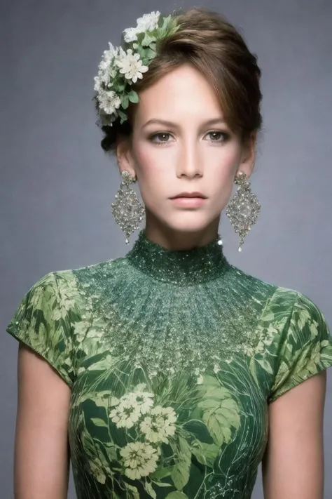 <lora:Jamie_Lee_Curtis:1> pointilism dance performance with flowers, dancing sensually in a green lush floral ball butter sculpture environment, highly colored, Kodak color, posteresque, circular composition, studio photography, highly colored, stunning, patterned photography by andreas gusrki, surreal portrait photography for the haute couture awards with flowers around (sharp focus on eyes) (skin texture:1.2)