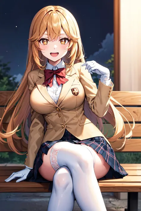 masterpiece, best quality, highres, hmmisaki, long hair, symbol-shaped pupils, +_+, large breasts, tokiwadai school uniform, red bow, white shirt, collared shirt, blazer, white gloves, long sleeves, plaid skirt, white thighhighs, <lora:shokuhou_misaki_v2:0.7>, night, outdoors, bench, crossed legs, smile, open mouth,