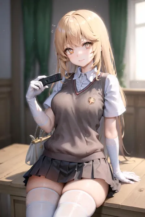 (best quality, masterpiece:1.2), ultra detailed,1girl <lora:shokuhouMisakiACertain_v1:0.6>, solo focus, tokiwadai school uniform, chool uniform, large breasts, white elbow gloves, white thighhighs, +_+, light smile
