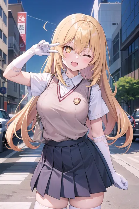 masterpiece, best quality, 
1girl, solo,
upper body, looking at viewer, <lora:shokuhou_misaki_v2:0.7>, toaru kagaku no railgun, shokuhou misaki, yellow eyes, (sparkling eyes:1.5), (star-shaped pupils:1.5), (+ +:1.5), symbol-shaped pupils, blonde hair, long hair, straight hair, hair between eyes, hmmisaki, tokiwadai school uniform, large breasts, school uniform, shirt, white shirt, collared shirt, sweater vest, short sleeves, white gloves, elbow gloves, taut clothes, skindentation, skirt, pleated skirt, thick thighs, thighhighs, white thighhighs, v, blush, smile, one eye closed, ;o, open mouth, outdoors, city