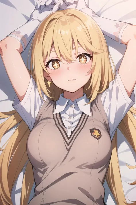 masterpiece, best quality,
1girl, solo,
hmmisaki, tokiwadai school uniform, <lora:shokuhou_misaki_v2:0.7>, toaru kagaku no railgun, shokuhou misaki, yellow eyes, (sparkling eyes:1.5), (star-shaped pupils:1.5), (+ +:1.5), symbol-shaped pupils, blonde hair, long hair, straight hair, hair between eyes, school uniform, shirt, white shirt, collared shirt, sweater vest, short sleeves, white gloves, elbow gloves, taut clothes, skindentation, large breasts, lying, looking at viewer, on back, on bed, blush, nose blush, nervous , bed sheet