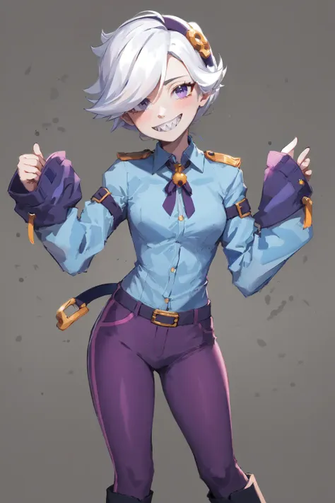 (masterpiece, best quality:1.2), <lora:bs_colette-10:0.8>, cowboy shot, solo, 1girl, colette, sharp teeth, grin, looking at viewer, white hair, shirt, sleeves past wrists, purple pants, boots