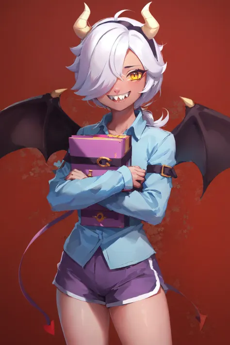 (masterpiece, best quality:1.2), <lora:bs_colette-10:0.8>, cowboy shot, solo, 1girl, colette, colored skin, red skin, sharp teeth, grin, looking at viewer, white hair, hair over one eye, horns, yellow eyes, purple shirt, purple shorts, demon wings