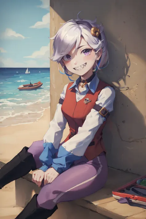 (masterpiece, best quality:1.2), <lora:bs_colette-10:0.8>, cowboy shot, solo, 1girl, colette, sharp teeth, grin, looking at viewer, sitting, white hair, two-tone collared shirt, sleeves past wrists, purple pants, boots