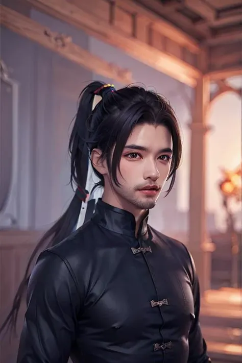 1boy,Split neckline,Black hair,A handsome man,Long hair,High horsetail,solo,((single ponytail:1.3)),chinese ancient,((while background:1.5)) ,front,the whole body,Looking towards the camera,game cg, Exquisite eyes
