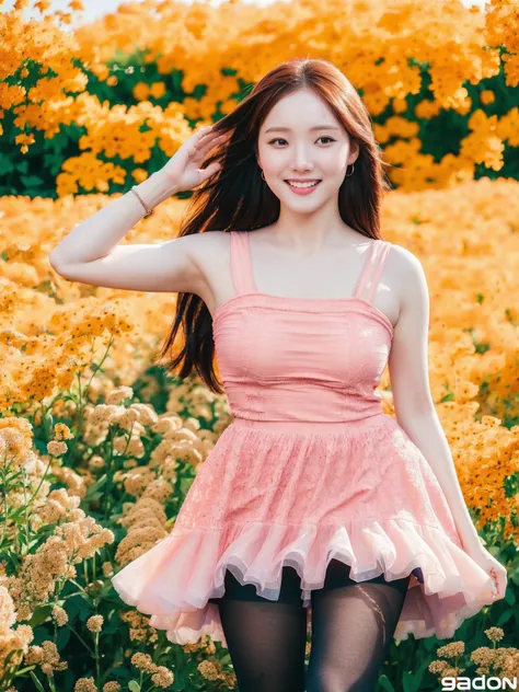 LSKyung, wearing a pink dress, wearing black tights, standing in a flower field smiling, detailed face, (8k, RAW photo, best quality, masterpiece:1.2), (realistic, photo-realistic:1.37), professional lighting, photon mapping, radiosity, physically-based rendering <lora:LSKyung-000001:1>
