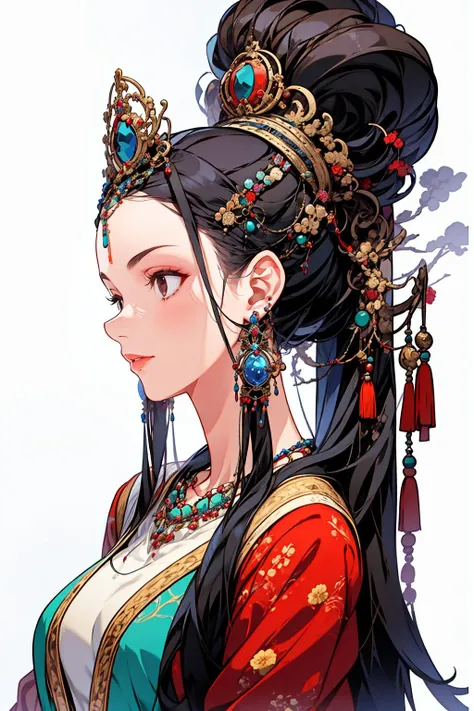 <lora:彩ç²1:0.9>,mn,1girl,solo,jewelry,hair ornament,earrings,white background,from side,black hair,holding,looking at viewer,simple background,hair stick,upper body,makeup,red nails,profile,fingernails,brown eyes,long hair,beads,nail polish,hand up,long sleeves,eyeshadow,gem,headpiece,closed mouth,tassel,