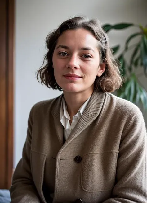 RAW photo of sks woman , natural lighting, 8k uhd, dslr, soft lighting, high quality, film grain, Fujifilm XT3, by Gerda Taro, <lora:lora-small-marion-cotillard-v1:1>