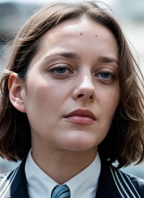 A stunning intricate color close up portrait of (sks woman:1) , wearing Striped blazer and dress pants, epic character composition, sharp focus, natural lighting, subsurface scattering, f2, 35mm, film grain, , by Dominique Issermann, <lora:lora-small-marion-cotillard-v1:1>