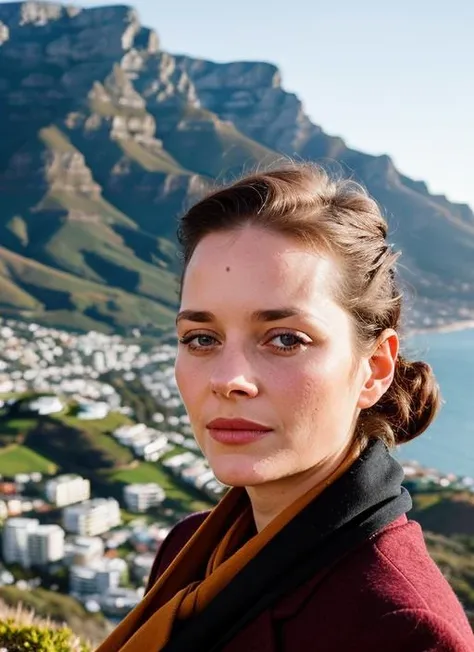 portrait of sks woman in Cape Town, at Table Mountain, by Flora Borsi, style by Flora Borsi, bold, bright colours, ((Flora Borsi)), by Henri Cartier-Bresson, <lora:lora-small-marion-cotillard-v1:1>