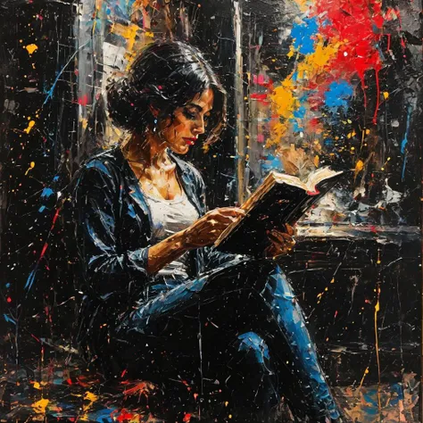 impactful paint of a woman reading a book <lora:Disturbia:0.7>, highly detailed, 8k, sharp, professional, clear, high contrast, high saturated, , vivid deep blacks, crystal clear