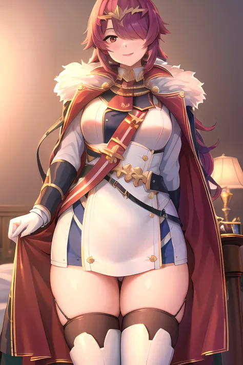 (((masterpiece))), skirt lift, lifted by self, smile, blush, illustration, best quality, reflective skin, reflective hair, , 4k, highres, best quality, solo, looking at viewer, cinematic lighting, ((night)) , white thigh boots, <lora:Cermia128:1>
