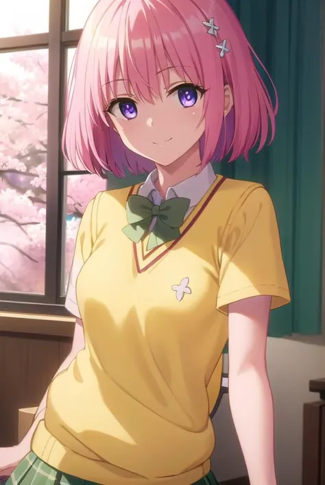 momodevilluke, <lora:momo deviluke darkness-lora-nochekaiser:1>,
momo deviluke, demon tail, hair flower, hair ornament, (purple eyes:1.1), pink hair, short hair, tail, smile,
BREAK demon tail, green skirt, plaid, plaid skirt, sainan high school uniform, school uniform, skirt, sweater vest, thighhighs, (yellow sweater:1.5), short sleeves, bow, (green bow:1.5),
BREAK indoors, classroom,
BREAK looking at viewer, (cowboy shot:1.5),
BREAK <lyco:GoodHands-beta2:1>, (masterpiece:1.2), best quality, high resolution, unity 8k wallpaper, (illustration:0.8), (beautiful detailed eyes:1.6), extremely detailed face, perfect lighting, extremely detailed CG, (perfect hands, perfect anatomy),