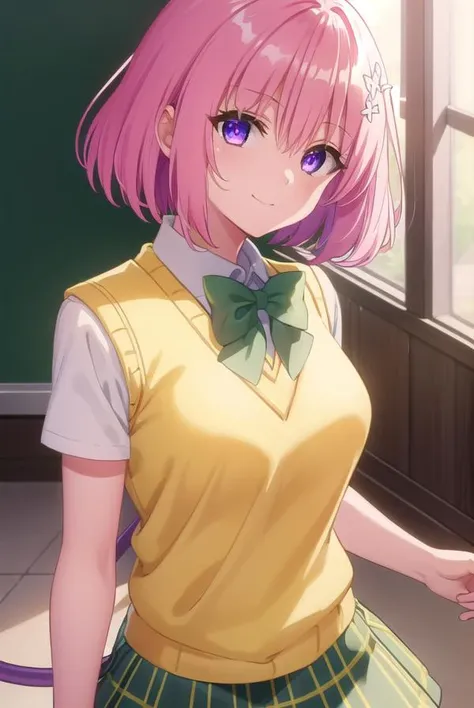 momodevilluke, <lora:momo deviluke darkness-lora-nochekaiser:1>,
momo deviluke, demon tail, hair flower, hair ornament, (purple eyes:1.1), pink hair, short hair, tail, smile,
BREAK demon tail, green skirt, plaid, plaid skirt, sainan high school uniform, school uniform, skirt, sweater vest, thighhighs, (yellow sweater:1.5), short sleeves, bow, (green bow:1.5),
BREAK indoors, classroom,
BREAK looking at viewer, (cowboy shot:1.5),
BREAK <lyco:GoodHands-beta2:1>, (masterpiece:1.2), best quality, high resolution, unity 8k wallpaper, (illustration:0.8), (beautiful detailed eyes:1.6), extremely detailed face, perfect lighting, extremely detailed CG, (perfect hands, perfect anatomy),
