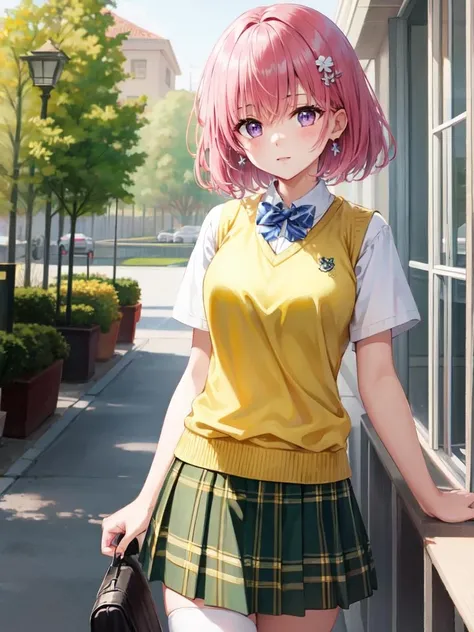 (masterpiece:1.2), (best quality:1.2), ultra high res, professional artwork, ultra detailed, detailed face, intricate, 1girl, momo deviluke, demon tail, hair flower, hair ornament, (purple eyes:1.1), pink hair, short hair, tail, demon tail, green skirt, plaid, plaid skirt, sainan high school uniform, school uniform, skirt, sweater vest, thighhighs, (yellow sweater:1.3) <lora:momodeviluketest:1>