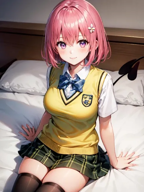 (masterpiece:1.2), (best quality:1.2), ultra high res, professional artwork, ultra detailed, detailed face, intricate, 1girl, momo deviluke, hair flower, hair ornament, (purple eyes:1.1), pink hair, short hair, (tail), (demon tail:1.4), green skirt, plaid, plaid skirt, sainan high school uniform, school uniform, skirt, sweater vest, thighhighs, (yellow sweater:1.3), smile, sitting on bed, bedroom, crossed legs, from above <lora:momodeviluketest:1>