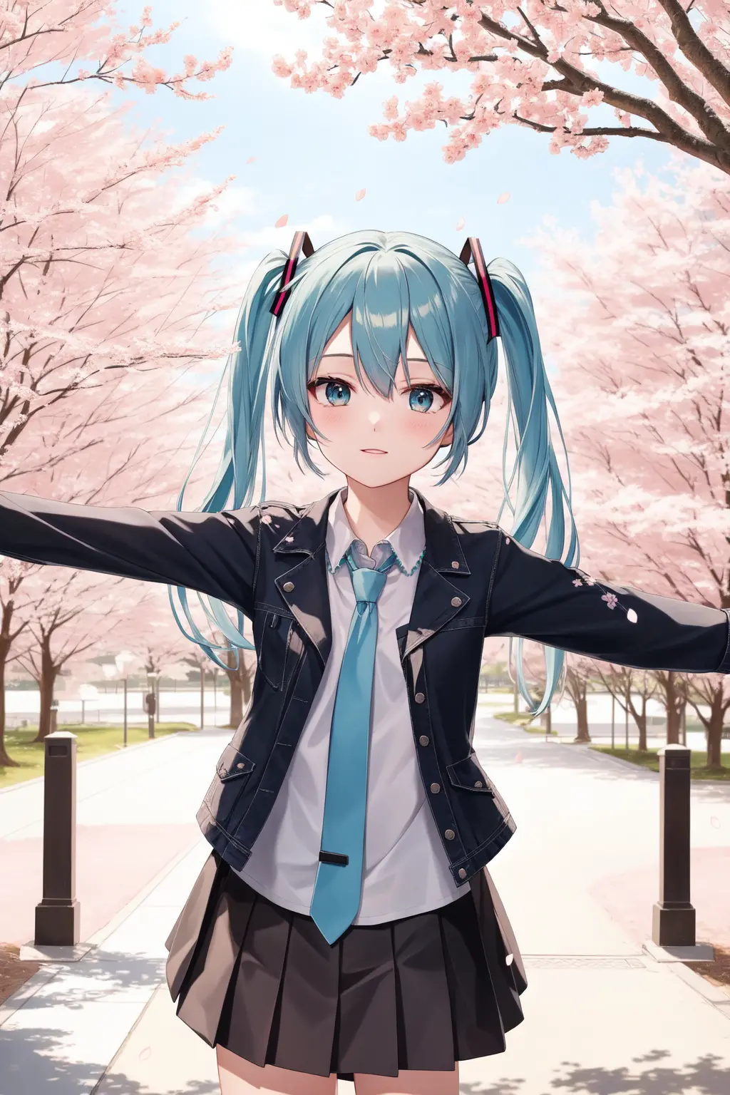 open jacket, open hand,open hands, outstretched_arms,cherry blossoms, cherry hair ornament, hanami,, highres,, 1girl hatsune_miku