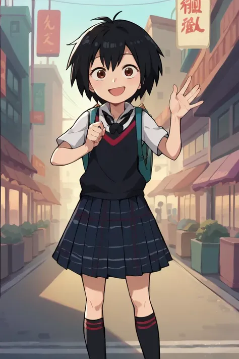 score_9, score_8_up, score_7_up, source_anime, anime_screencap, 1girl, <lora:Peni:1> peni, white shirt, black vest, blue backpack, plaid skirt, black socks, black footwear, open mouth, smile, both hands waving, cowboy shot, japanese city, noon,