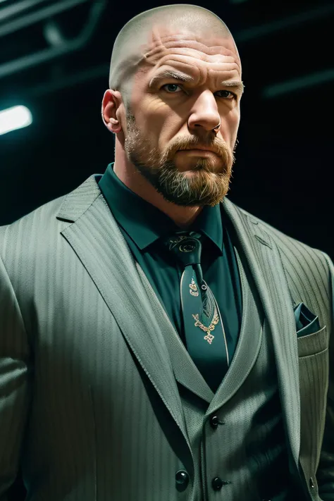 photo of (HHHBAL01:0.99), a man in his (fifties:1.2) as a model, modelshoot style, ((shaved head:1.2)), (full beard:1.2), (extremely detailed CG unity 8k wallpaper), photo of the most beautiful artwork in the world, professional majestic oil painting by Ed Blinkey, Atey Ghailan, Studio Ghibli, by Jeremy Mann, Greg Manchess, Antonio Moro, trending on ArtStation, trending on CGSociety, Intricate, High Detail, Sharp focus, dramatic, photorealistic painting art by midjourney and greg rutkowski, (exotic designer suit:1.4), ((at a fashion show)), (dim lights), ((walking the model catwalk)), ((crowd in the background)), ((exclusive venue)), (palm trees background), (indoors:1.1), (looking at viewer), (detailed pupils:1.3), (modern outfit:1.2), (closeup:1.3), <lora:epiNoiseoffset_v2:1.1>