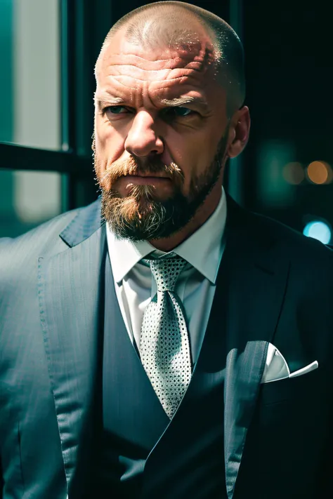photo of (HHHBAL01:0.99), a man in his (fifties:1.2) as a corporate manager, modelshoot style, ((shaved head:1.2)), (full beard:1.2), (extremely detailed CG unity 8k wallpaper), photo of the most beautiful artwork in the world, professional majestic oil painting by Ed Blinkey, Atey Ghailan, Studio Ghibli, by Jeremy Mann, Greg Manchess, Antonio Moro, trending on ArtStation, trending on CGSociety, Intricate, High Detail, Sharp focus, dramatic, photorealistic painting art by midjourney and greg rutkowski, (exclusive suit and tie:1.4), ((boss)), (expensive office), ((sitting at an expensive wooden desk:1.2)), ((huge windows)), ((at night:1.3)), ((Los angeles)), (Skyscraper in background), (face_focus:1.2), (looking at viewer), (detailed pupils:1.3), (modern outfit:1.2), (closeup:1.4), dim lights, <lora:epiNoiseoffset_v2:1.2>