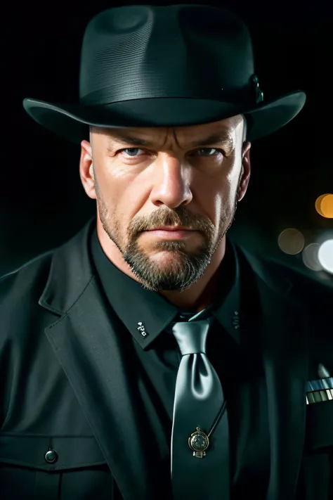 photo of (HHHBAL01:0.99), a man in his (fifties:1.2) as a policeman, modelshoot style, ((shaved head:1.2)), (full beard:1.2), (extremely detailed CG unity 8k wallpaper), photo of the most beautiful artwork in the world, professional majestic oil painting by Ed Blinkey, Atey Ghailan, Studio Ghibli, by Jeremy Mann, Greg Manchess, Antonio Moro, trending on ArtStation, trending on CGSociety, Intricate, High Detail, Sharp focus, dramatic, photorealistic painting art by midjourney and greg rutkowski, (LAPD uniform:1.4), ((police crusier)), (policeman), ((standing in front of a car)), ((side of the road)), ((at night:1.3)), ((Los angeles)), (Skyscraper in background), (face_focus:1.2), (grand canyon:1.1), (looking at viewer), (detailed pupils:1.3), (modern outfit:1.2), (closeup:1.4), dim lights, <lora:epiNoiseoffset_v2:1.2>