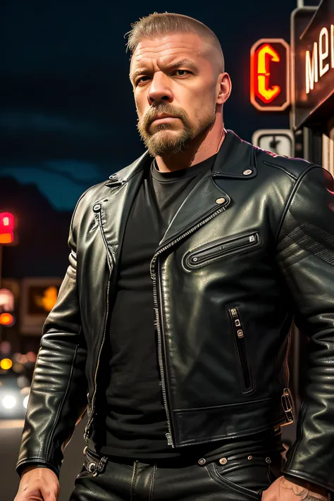 photo of (HHHBAL01:0.99), a man in his (fifties:1.2) as a biker, modelshoot style,  ((shaved head:1.2)), (full beard:1.2), (extremely detailed CG unity 8k wallpaper), photo of the most beautiful artwork in the world, professional majestic oil painting by Ed Blinkey, Atey Ghailan, Studio Ghibli, by Jeremy Mann, Greg Manchess, Antonio Moro, trending on ArtStation, trending on CGSociety, Intricate, High Detail, Sharp focus, dramatic, photorealistic painting art by midjourney and greg rutkowski, (shoddy biker leather combination:1.4), ((Harley-Davidson)), (tight trousers), ((standing in front of a motorbike)), ((side of the road)), ((at night)),  ((route 66)), (rocky desert in the background), (arizona:1.2), (motel:1.1), (face_focus:1.2), (grand canyon:1.1), (looking at viewer), (detailed pupils:1.3), (modern outfit:1.2), (closeup:1.44), dim lights,  <lora:epiNoiseoffset_v2:1.2>