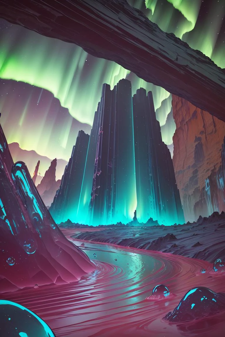 (dry quarry landscape) , aurora borealis, scenery , depth of field blur, Balance composition, <lora:GelatinTech-20:0.8> gelatintech, see-through, transparent, scifi
