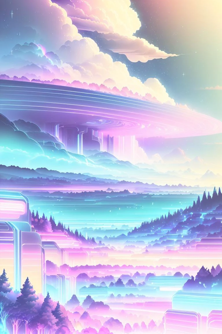 (rolling hills landscape) , stary night, <lora:KawaiiTech-20:0.8> kawaiitech, pastel colors, kawaii, cute colors, scifi, <lora:RetrowaveTech-20:0.8> retrowavetech, virtual, vaporwave, wirefrme ,